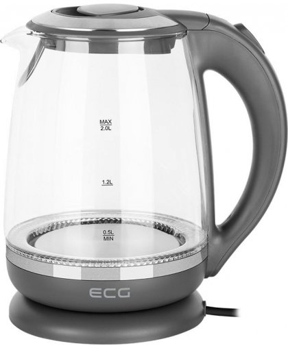 Kavos aparatas ECG Elektrinis virdulys RK 2020 Pilkas Glass, 2 L, 360° base with power cord storage, Mėlyna backlight, 1850-2200 – 2