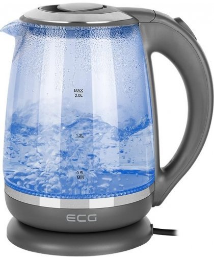 Kavos aparatas ECG Elektrinis virdulys RK 2020 Pilkas Glass, 2 L, 360° base with power cord storage, Mėlyna backlight, 1850-2200 – 3