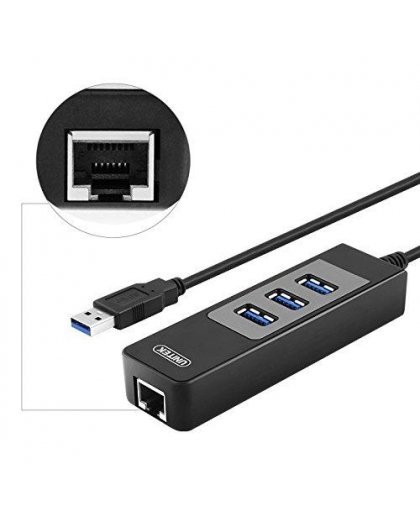 Unitek Deltaco Network Adapter, 10/100 / 1000Mbps, 1xRJ45, 1xUSB3.0, 3x USB3.0, black USB3-GIGA3 – 3