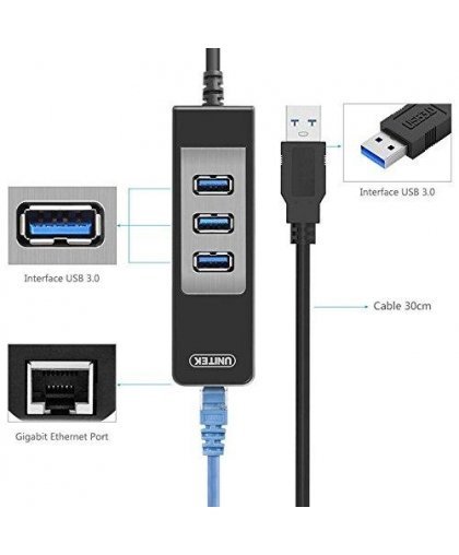 Unitek Deltaco Network Adapter, 10/100 / 1000Mbps, 1xRJ45, 1xUSB3.0, 3x USB3.0, black USB3-GIGA3 – 5