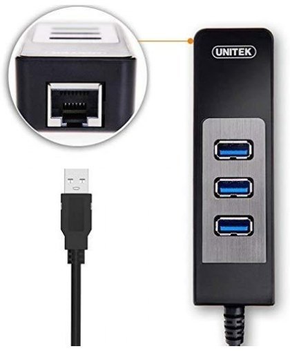 Unitek Deltaco Network Adapter, 10/100 / 1000Mbps, 1xRJ45, 1xUSB3.0, 3x USB3.0, black USB3-GIGA3 – 10