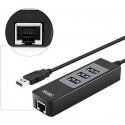 Unitek Deltaco Network Adapter, 10/100 / 1000Mbps, 1xRJ45, 1xUSB3.0, 3x USB3.0, black USB3-GIGA3
