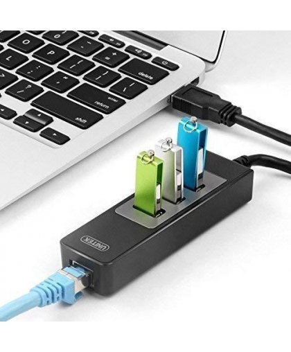 Unitek Deltaco Network Adapter, 10/100 / 1000Mbps, 1xRJ45, 1xUSB3.0, 3x USB3.0, black USB3-GIGA3 – 18