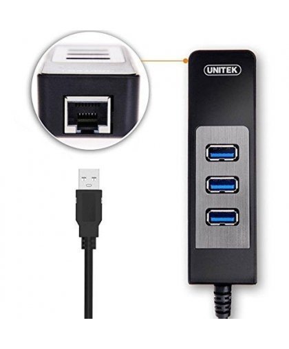 Unitek Deltaco Network Adapter, 10/100 / 1000Mbps, 1xRJ45, 1xUSB3.0, 3x USB3.0, black USB3-GIGA3 – 20