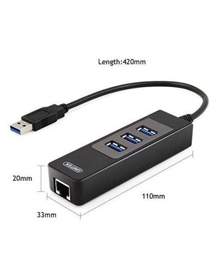 Unitek Deltaco Network Adapter, 10/100 / 1000Mbps, 1xRJ45, 1xUSB3.0, 3x USB3.0, black USB3-GIGA3 – 22