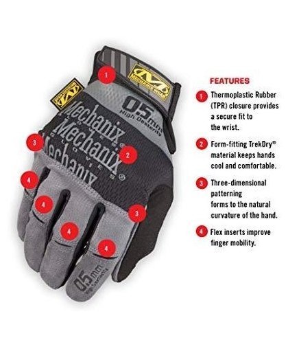Mechanix Wear Gloves Mechanix Specialty Hi-Dexterity 0.5 size 9 / M. 0.5mm thick palm. Velcro, artificial leather, TrekDry®, Lyc – 9