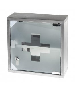 Tammer Brands Metal first aid cabinet with glass door, gray color.