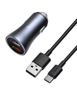 Baseus Golden Contactor Pro car charger, 2x USB, QC SCP, 40W + cable USB to USB-C 1m (gray)