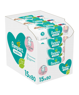 Drėgnos servetėlės Pampers Sensitive 15 pakuočiųx80vnt., 1200 servetėlės