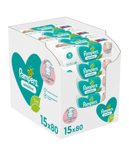 Drėgnos servetėlės Pampers Sensitive 15 pakuočiųx80vnt., 1200 servetėlės