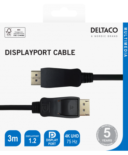 DisplayPort KABELIS DELTACO 4K UHD, 21.6 Gb/s, 3m, juodas / DP-1030-K / 00110003 – 3