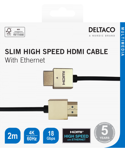 Cable DELTACO Ultra-thin HDMI, 4K UHD, 2m, black / gold / HDMI-1042-K / 00100011 – 4