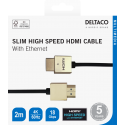 Cable DELTACO Ultra-thin HDMI, 4K UHD, 2m, black / gold / HDMI-1042-K / 00100011 Cable DELTACO Ultra-thin HDMI, 4K UHD, 2m, black / gold / HDMI-1042-K / 00100011