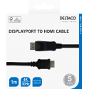 Cable DELTACO DisplayPort to HDMI, 4K UHD, 1m, black / DP-3010-K / 00110011 Cable DELTACO DisplayPort to HDMI, 4K UHD, 1m, black / DP-3010-K / 00110011