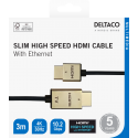 Cable DELTACO Ultra-thin HDMI, 4K UHD, 3m, black / gold / HDMI-1043-K / 00100012 Cable DELTACO Ultra-thin HDMI, 4K UHD, 3m, black / gold / HDMI-1043-K / 00100012