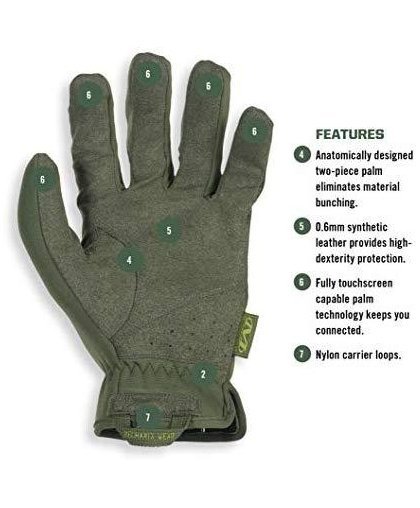 Mechanix Wear Pirštinės Mechanix FastFit® Olive Drab, žalios 9/L dydis. Rauktas rankogalis, dirbtinė oda, TrekDry® – 3
