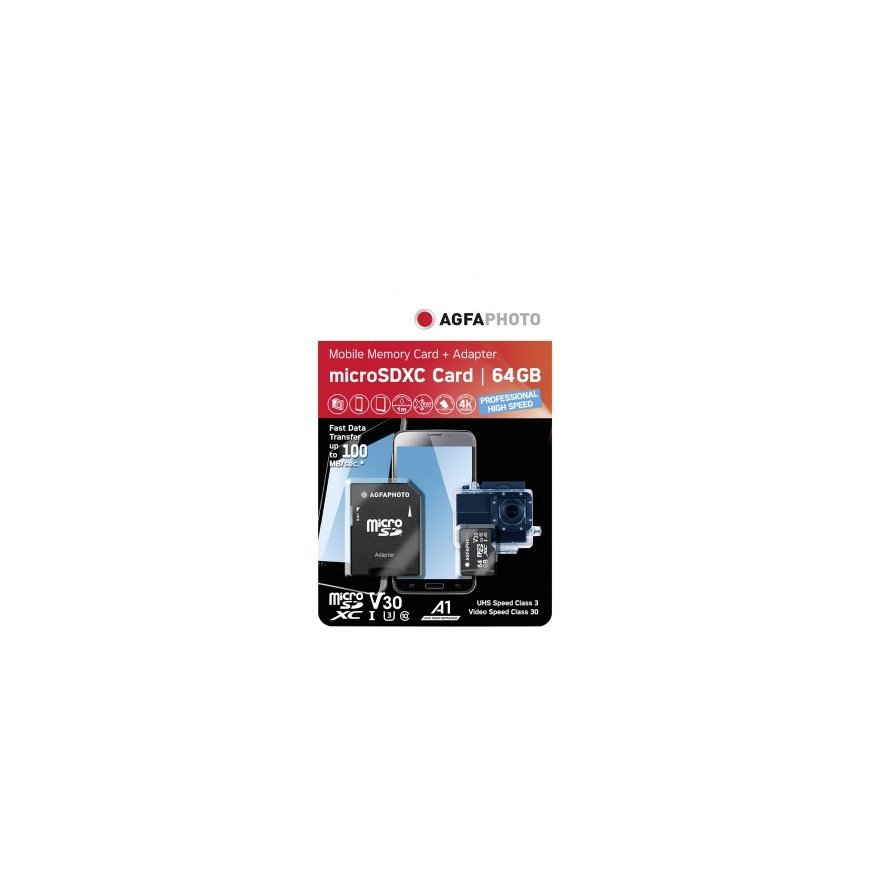 AgfaPhoto MicroSDXC UHS-I 64GB High Speed C10 U3 V30 + Adapter – 2