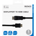 Kabelis DELTACO DisplayPort į HDMI, 4K UHD, 2m, juodas / DP-3020-K / 00110012 Kabelis DELTACO DisplayPort į HDMI, 4K UHD, 2m, juodas / DP-3020-K / 00110012