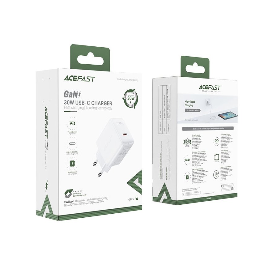 Acefast A21 GaN 30W PD QC 3.0 AFC FCP Fast Charge USB-C Travel Charger White – 5