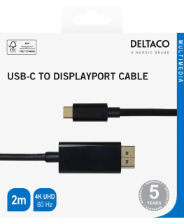 USB-C - DisplayPort cableDELTACO 4K UHD, gold-plated connectors, 2m, black / USBC-DP200-K / 00140015