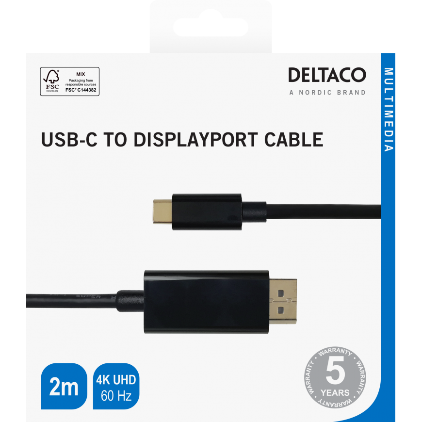 USB-C - DisplayPort cable DELTACO 4K UHD, gold plated, 2m, black / USBC-DP200-K / 00140015