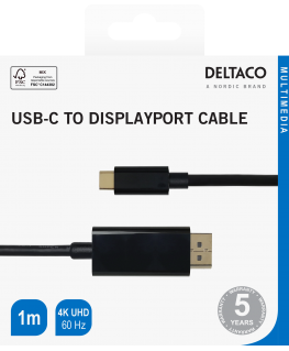USB-C - DisplayPort kabelis DELTACO 4K UHD, paauksuotos jungtys, 1m, juodas / USBC-DP100-K / 00140012