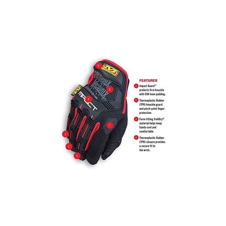 Mechanix Wear Gloves Mechanix M-Pact® 52 black/red 10/L size. Velcro, TrekDry®, Synthetic Leather, Palm, Gear, Armortex®, Finger – 17