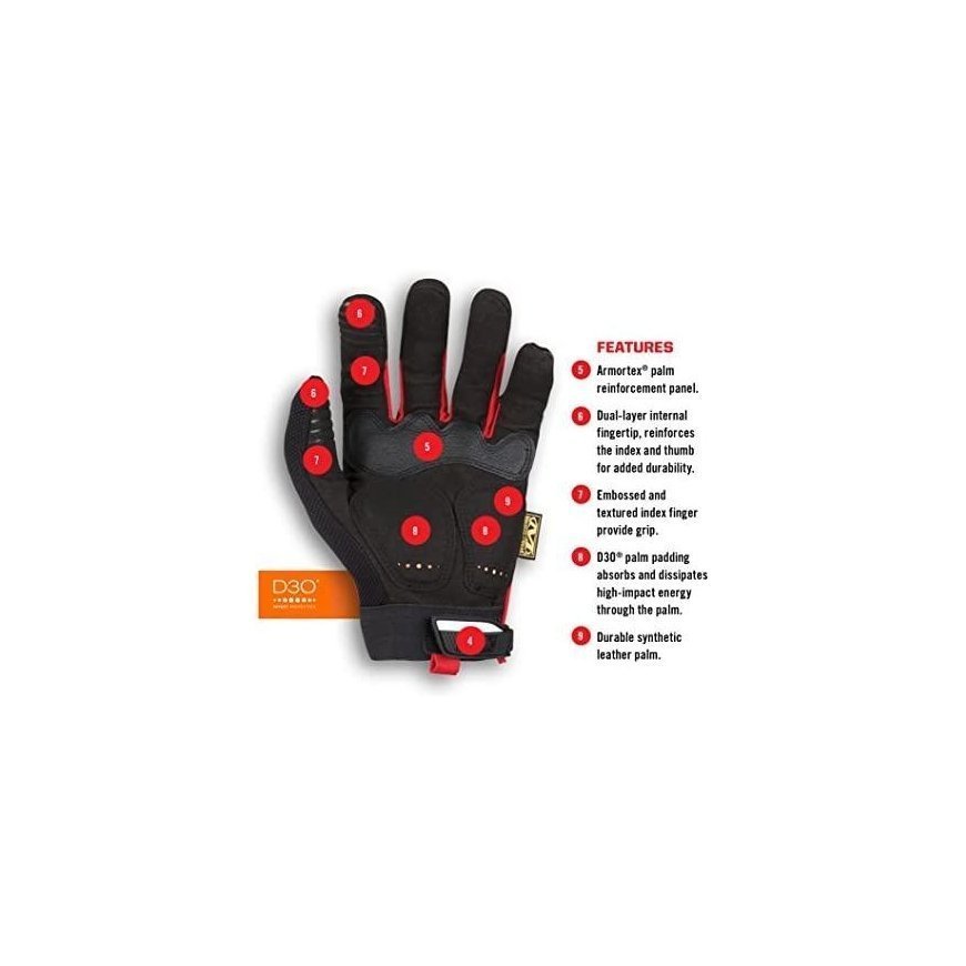 Mechanix Wear Gloves Mechanix M-Pact® 52 black/red 10/L size. Velcro, TrekDry®, Synthetic Leather, Palm, Gear, Armortex®, Finger – 18