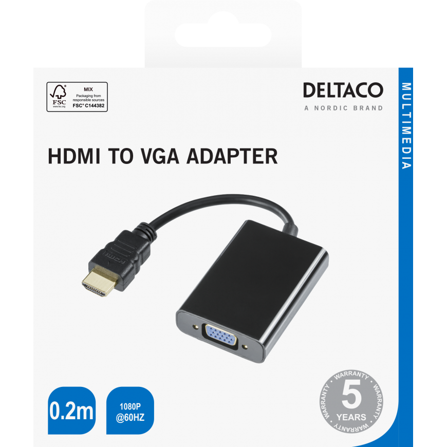 HDMI - VGA adapteris DELTACO 1920x1080 60Hz, 0.2m, juodas / HDMI-VGA7 / 00100028 – 3