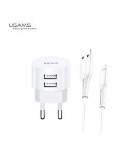 Usams US-T20 Set 2in1 Round Shape Compact 2.1A Travel charger + USB to Lightning 1m Cable White