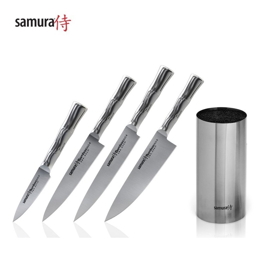 Samura BAMBOO Комплект 4-ех ножей + Металлическая подставка для ножей из AUS 8 Японской стали 59 HRC