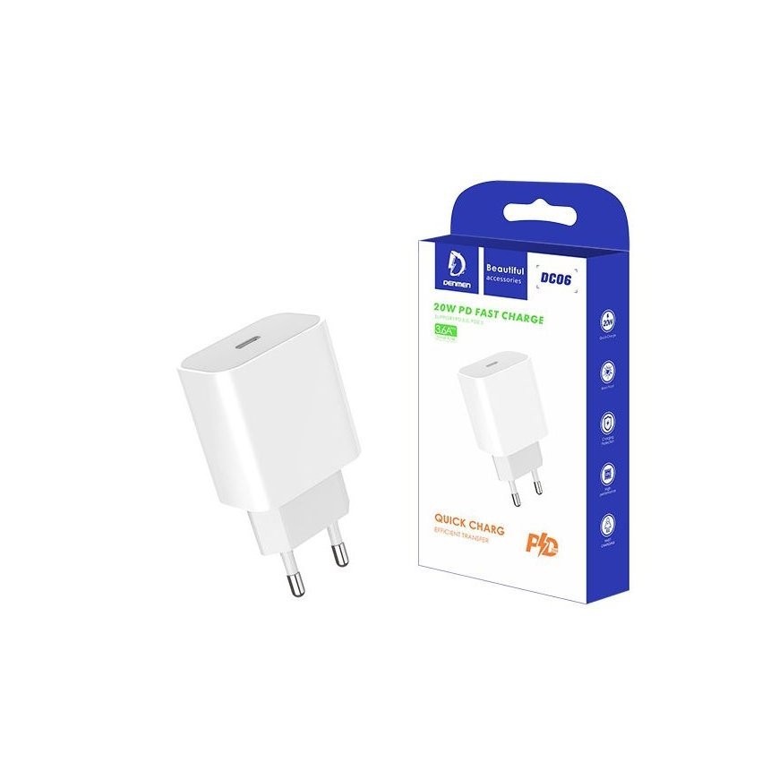 CEĻOJUMA LĀDĒTĀJS DENMEN DC06 SINGLE 3.6A 20W WHITE 3600mAh C TIPA DARBĪBAS PIEGĀDES IEEJA