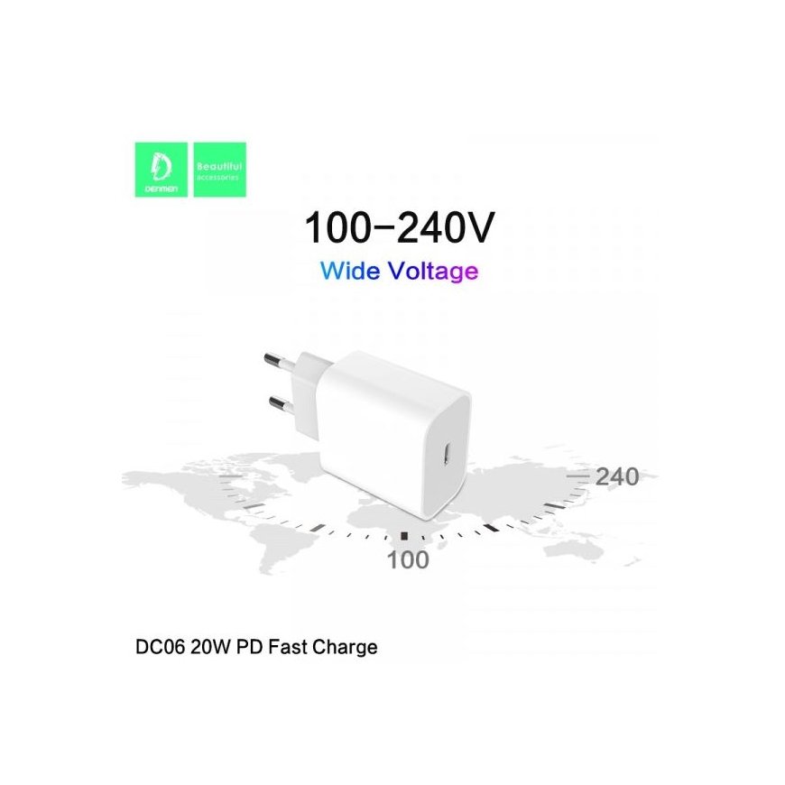 REISLAADIJA DENMEN DC06 SINGLE 3,6A 20W, VALGE 3600mAh TÜÜP-C TOITEVÄLJANDUSE SISEND – 3