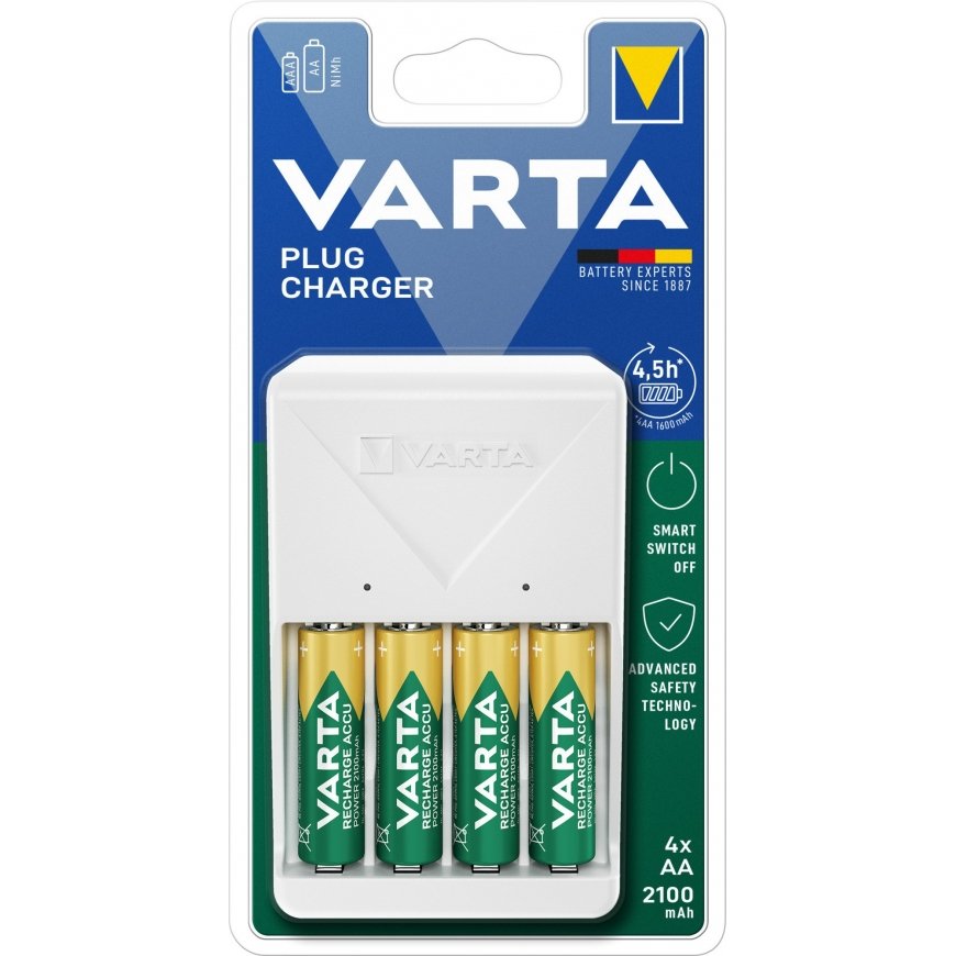VARTA Plug Charger -latauslaite + 4 x AA 2100mAh (57606) akkuparistoja