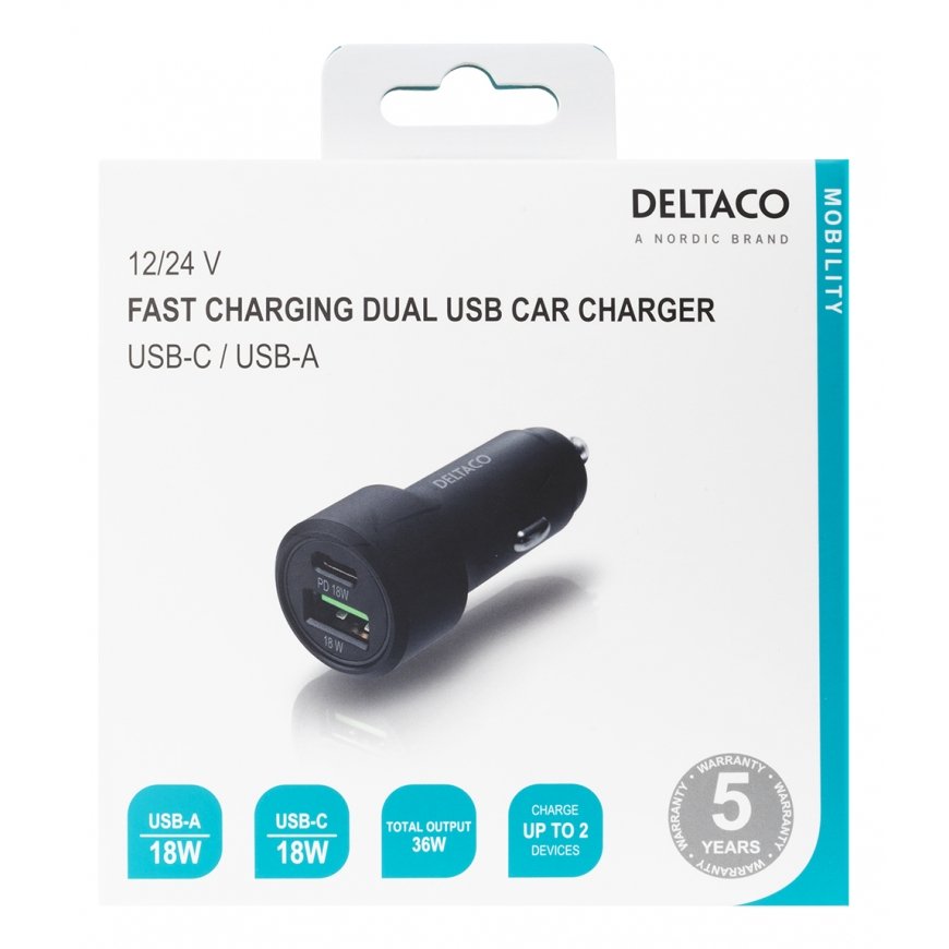 Deltaco USBC-CAR122 PDA/mobīlo telefonu lādētājs Melns