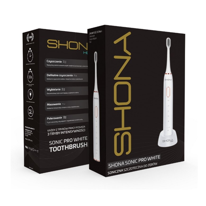 Shona Pro Electric IPX7 Sonic Tooth Brush with with 5 modes / 3x Speed + travel case (2 heads included) White – 9