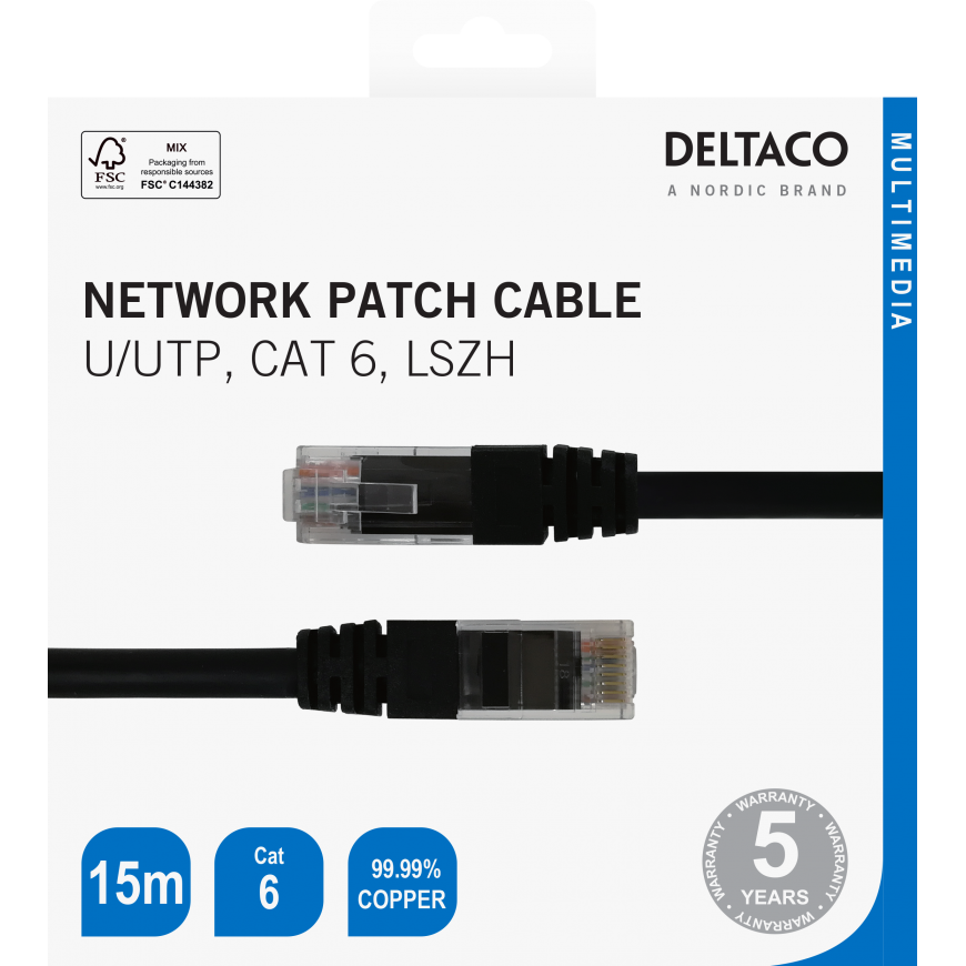 Tinklo kabelis DELTACO U/UTP Cat6, 15m, juodas / TP-615S-K / 00210004 – 3