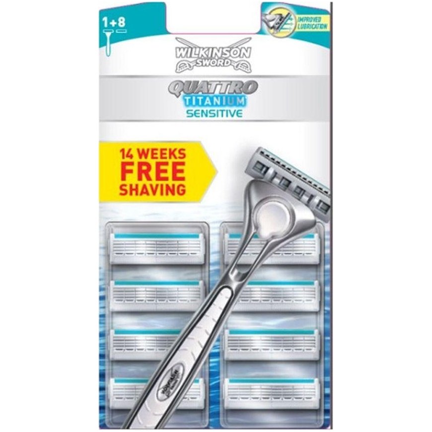 WILKINSON SWARD Quattro Titanium Sensitive Sustabdymo maišelis 1 vnt. + Prekė 8 vnt. – 2