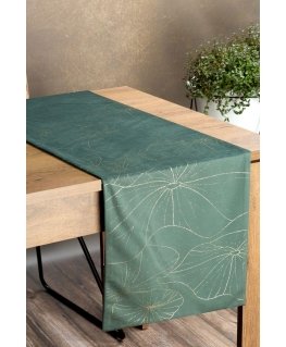 Eurofirany BLINK / 18 Velvet table runner with water lily leaf pattern, 35X180 cm, color: dark mint