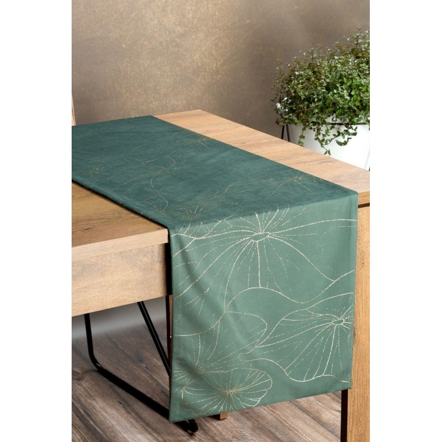 Eurofirany BLINK / 18 Velvet table runner with water lily leaf pattern, 35X180 cm, color: dark mint