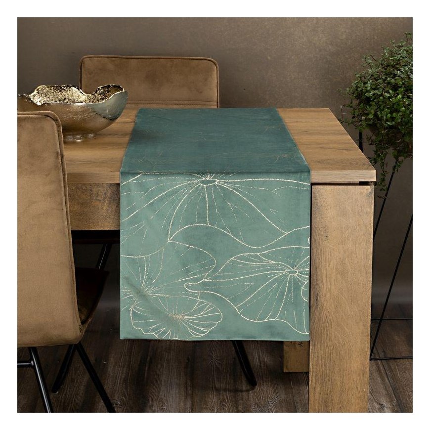 Eurofirany BLINK / 18 Velvet table runner with water lily leaf pattern, 35X180 cm, color: dark mint – 2
