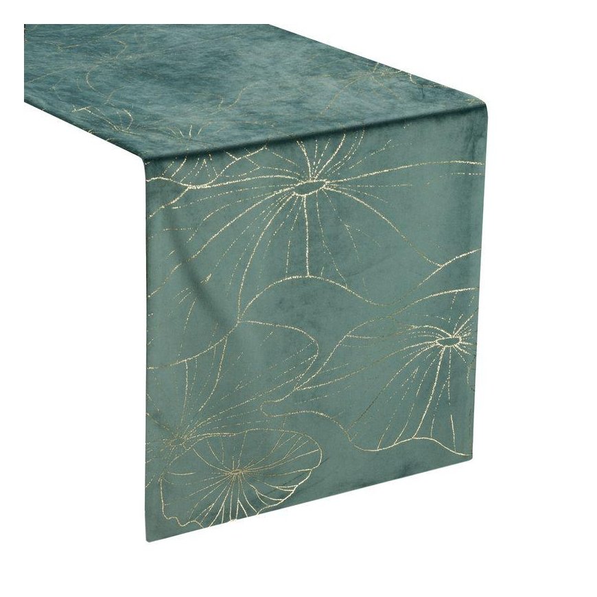 Eurofirany BLINK / 18 Velvet table runner with water lily leaf pattern, 35X180 cm, color: dark mint – 3