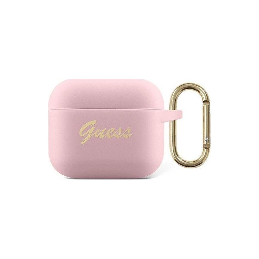 Guess Apsauginis dėklas GUA3SSSI silikoninis Vintage Script, skirtas AirPods 3 rožinis