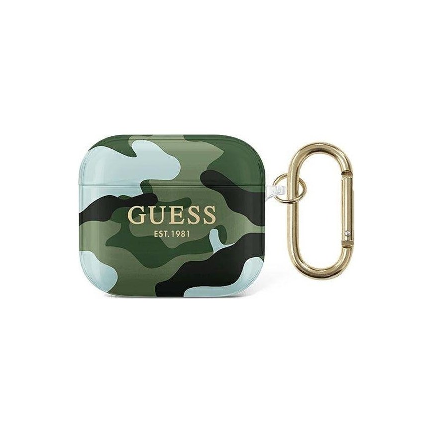 Guess Apsauginis dėklas GUA3UCAMA Camo Collection, skirtas AirPods 3, žalias