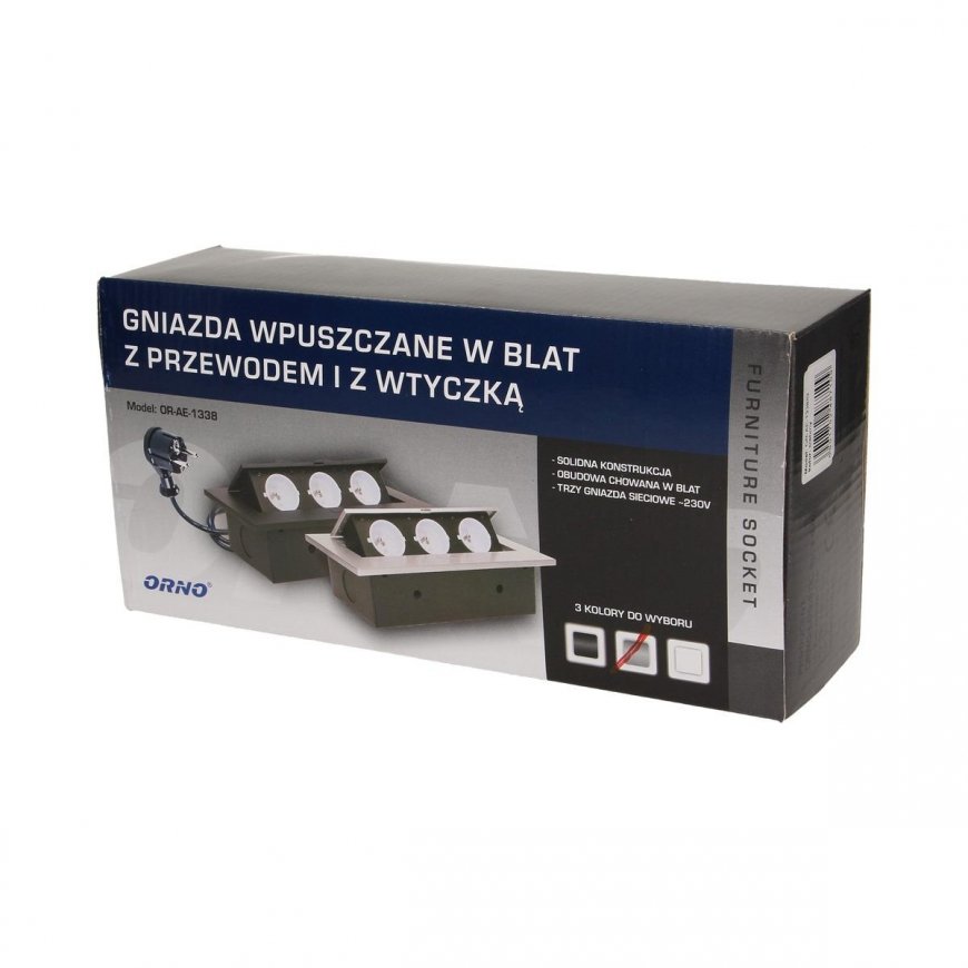 Orno Baldų lizdas įleistas į stalviršį storu kraštu 3x2P + Z, kabelis 1,5m 3x1,5mm?, Sidabras – 3
