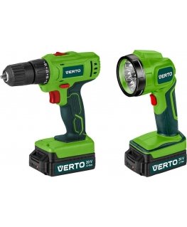 Verto 50G293 20 V gręžtuvas, 2 x 1,5 Ah baterija + žibintuvėlis