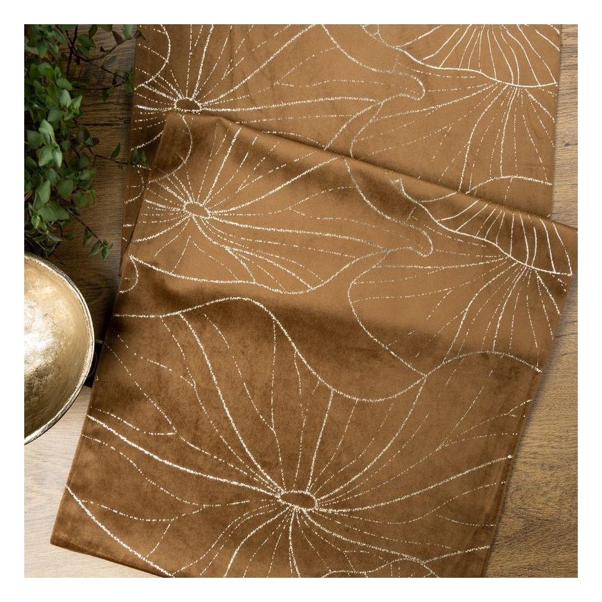 Eurofirany BLINK / 18 Velvet table runner with water lily leaf pattern, 35X220 cm, color: brown – 7