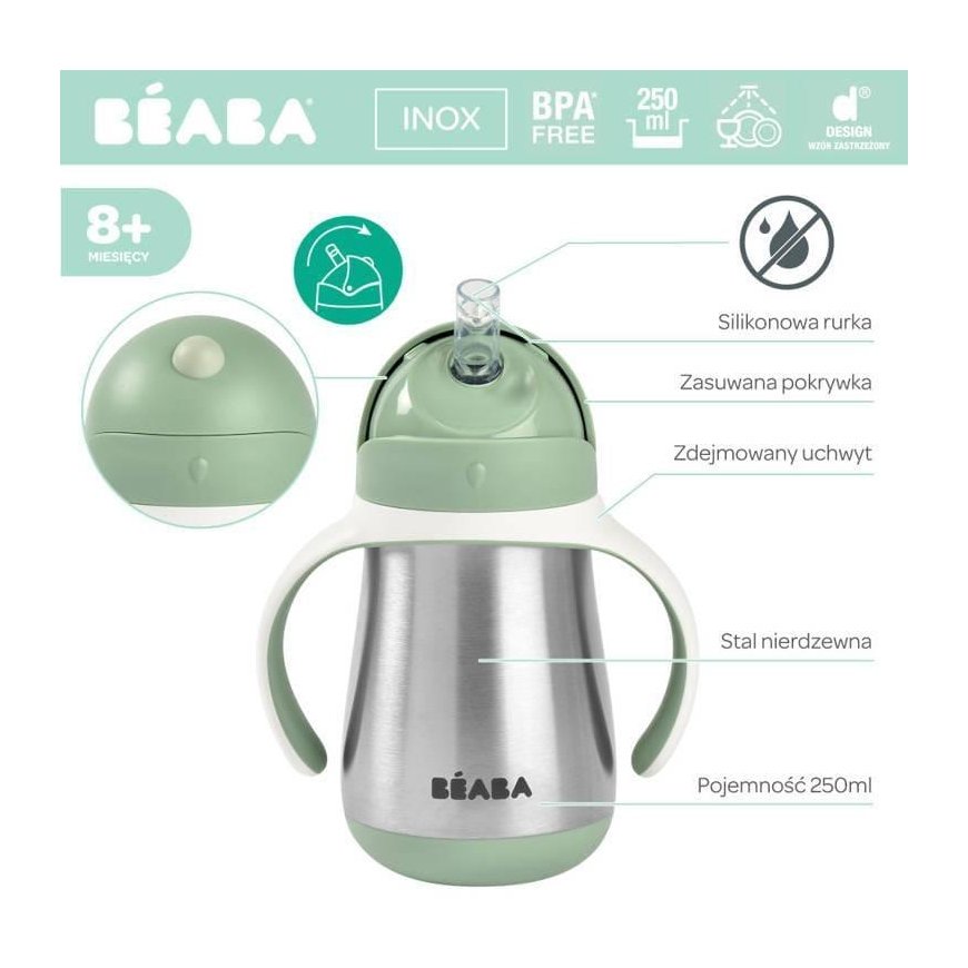 BEABA METAL DRINK WITH STRAW, 250 ML, SAGE Green – 5