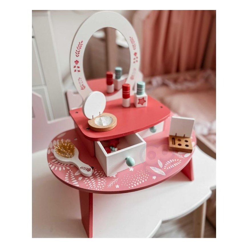 Tooky Toys TOOKY TOY rožinis medinis kosmetinis staliukas makiažui su veidrodžiu – 3