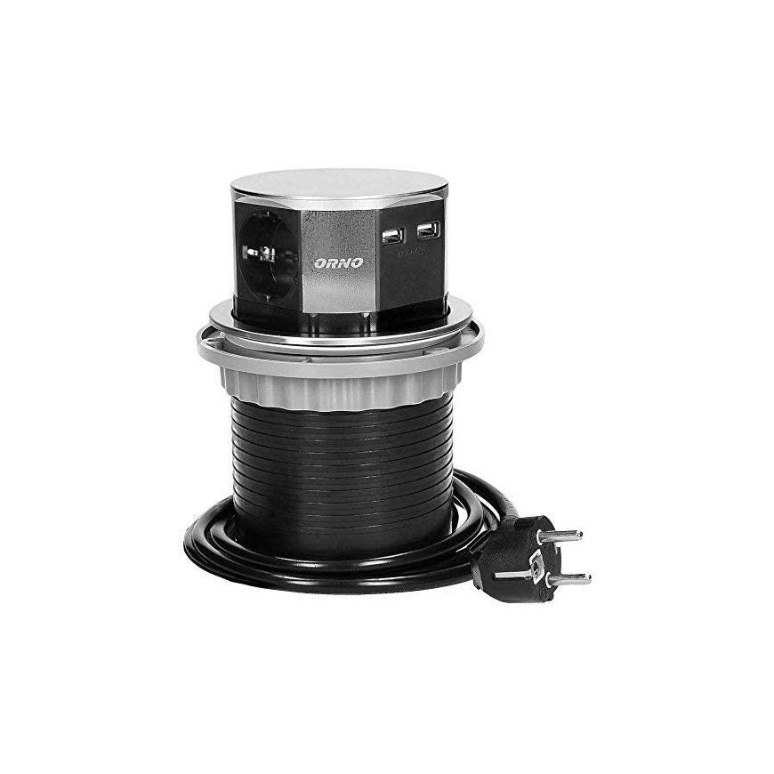 Orno Furniture socket? 10 cm removable from the table top with USB charger and 1.5 m cable, 3x2P + Z – 3